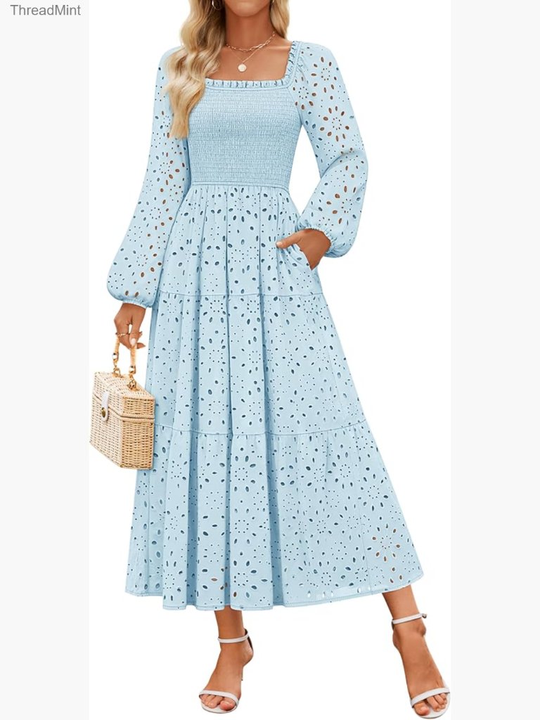 Long Sleeve Maxi Dress Smocked Waist Square Neck Hollow Out Eyelet A-Line